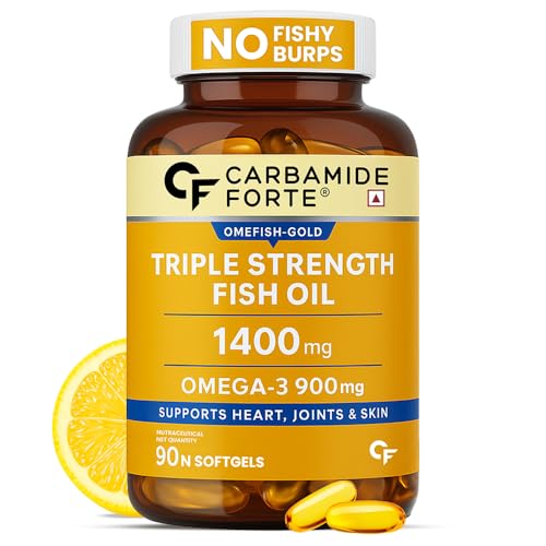 Carbamide Forte Triple Strength Omega 3 Fish Oil Capsules Softgel 1400mg | Fish Oil Omega 3 Supplement 900mg For Men & Women | Omega3 Supplement for Heart, Joints, Bones & Skin | 90 Softgel Capsules
