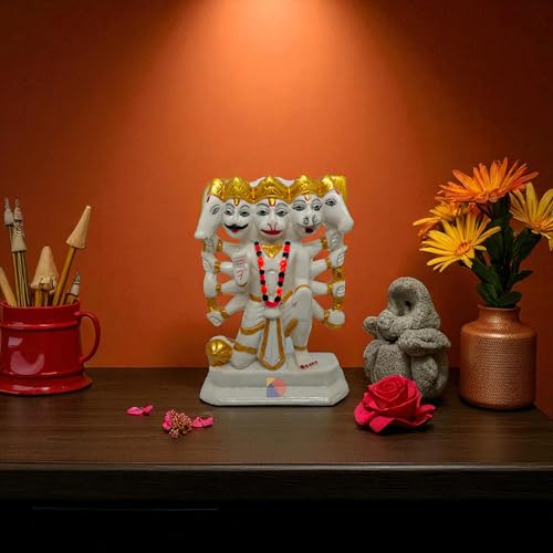 Image of Hanuman murti - Hanuman Idol for Home Decor & Office - Panchmukhi Hanuman - (22 cm) (White Gold)