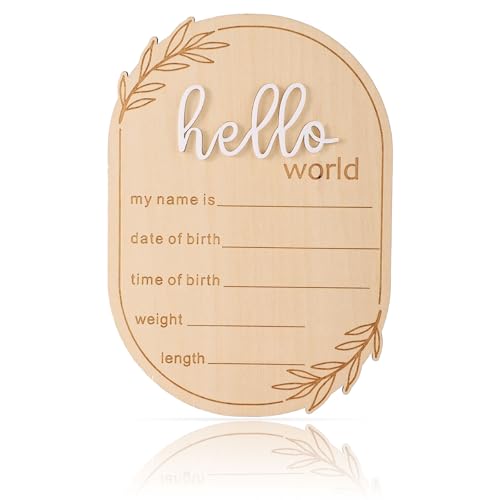 Image of Gosknor Baby Announcement Sign, 5.91x4.13in Hello World Wooden Newborn Name Sign for Birth Photo Props Baby Shower Hospital Nursery Decor Personalized Birth Keepsake (White)
