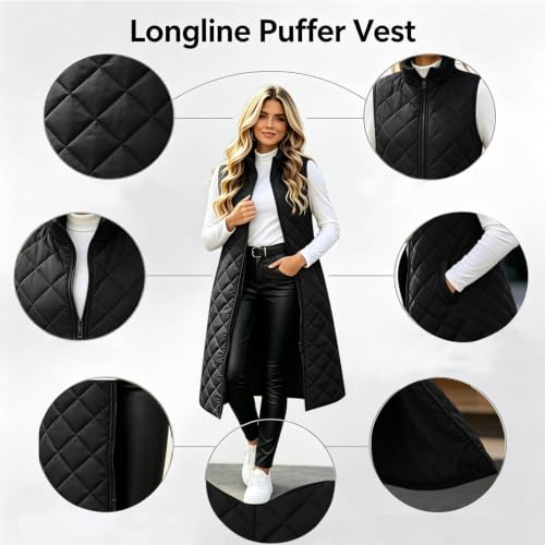 Long Puffer Vest Women Sleeveless Zip Up Winter Quilted Jacket with Pockets - image 6