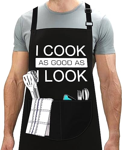 LINEN CLOSET® Adjustable Bbq Aprons for Men Women Funny Chef Aprons Christmas Grilling Gifts for Dad Son Father Husband with 2 Pockets-I Cook as Good as I Look Apron