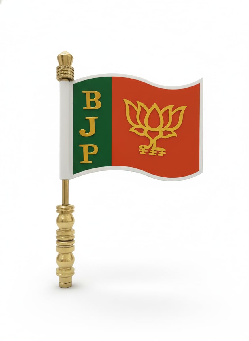 Unicorn Enterprises BJP Car Bonnet Flag – High-Gloss Acrylic with Gold-Tone Embossed Lotus & Metallic Stand |Golden Metal Rod (28cm) & Metal Brackets-image-15