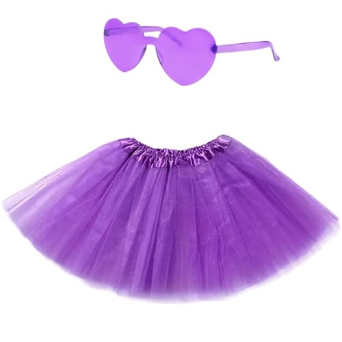Amazleer Tutu Skirts for Women 4 Layered Classic Elastic Tulle Tutu Skirts Adult Party Festival Running with Sunglasses (Standard, Purple)