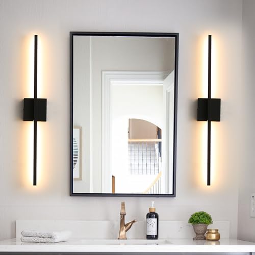 Image of Wall Sconces Set of Two, Black Modern Wall Sconce Light for Bathroom, Living Room, Bedroom, Hardwired 3000K 28''