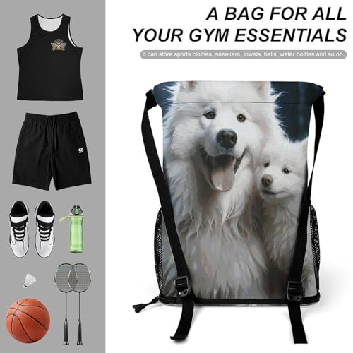 Drawstring Backpack Sports Gym Swim Bag with Shoes Compartment White Dog Stuff Sack3