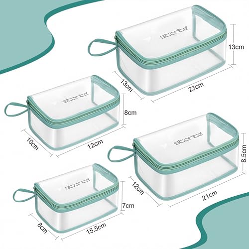 Image of Storite Set of 4 PVC Travel Pouch Set Multipurpose Waterproof Cosmetic & Toiletry Bags with Zipper for Makeup, Stationery & Accessories - Transparent (Green)