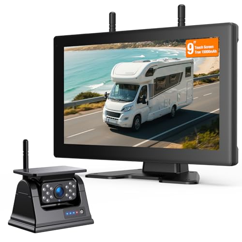 Image of Magnetic Solar Wireless Backup Camera, 9 inch IPS Touchscreen Monitor HD1080P DVR Rear View Camera IP69 IR Night Vision No Wiring True 15000mAh Rechargeable Camera for RV, Trailer, Camper, Car,Truck