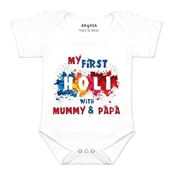 ARVESA My First Holi R-754 Romper White 0-3 Months My First Holi Baby Boy Dress, My First Holi Baby Girl Dresses,First Holi Dress For Baby Boy, First Holi Dress For Baby Girl
