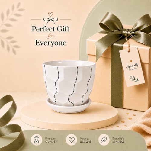 Image of Xtore Graceful Textured Ceramic Planter with Abstract Line Detailing & Drainage Tray | Modern Indoor Plant Pot for Desk, Table & Shelf Styling (Planter only)
