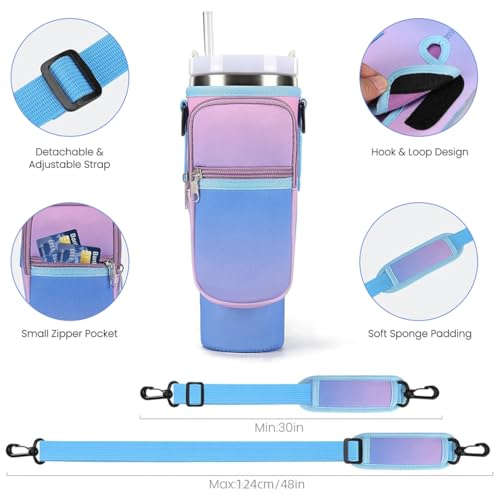 Image of HASTHIP Water Bottle Carrier Bag for Stanley 40 /30 oz Tumbler with Phone Pocket Water Bottle Holder with Strap Neoprene Water Bottle Pouch for Stanley Cup Accessories (Gradient Purple)