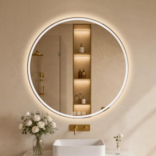 WISSMIELS LED Bathroom Mirror 24 Inch Round Bathroom Mirror with Lights Circle LED Mirror Wall Mounted Lighted Bathroom with 3 Colors Brightness Anti-Fog Dimmable Shatter-Proof