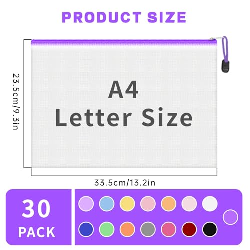 30 PCS Mesh Zipper Pouches Bags A4 Size Document Pouch,Waterproof Zipper Bags for Document Storage, Travel Bag Organizaer, Puzzle, Building Block Storage, School, Office Supplies (15 Colors) by ReePlan - Image 2