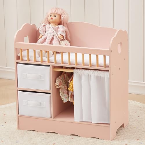 OOOK Puppenbett Holz, Baby Puppen Bett mit Kleiderschrank, Puppenbett und Puppenkleiderschrank mit 2 Aufbewahrungsboxen, Puppenzubehör ab 3 Jahre für Puppen unter 55 cm