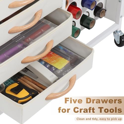 Image of LUCKUP Organization and Storage Craft Table for Cricut Machines, Rolling Cart Cabinet with 28 Vinyl Roll Holders and 5 Drawers, Heat Press Stand Crafting Storage Cart with Hooks