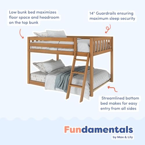 Image of Max & Lily Fundamental Twin Low Bunk Bed, Kids Solid Wood Modern Bed Frame with Strong Wooden Slats, Non-Toxic Finishes, High Weight Capacity, Pecan