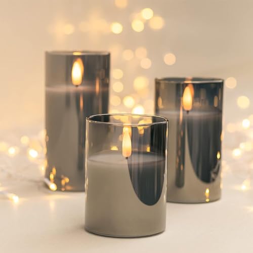 Image of Grey Glass Flameless Candles Real Wax LED Pillar Candles Set of 3 | 3D Black Wick Flame Effect Warm Flickering Glow 2 /4 /6 /8H Timer Safe Home Lighting for Bedroom, Wedding & Holiday Decor