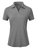 donhobo Damen Poloshirt UPF 50+ Kurzarm Golf Tennis Polo Shirts V-Ausschnitt Tops UV Schutz Schnelltrocknend Sportshirt Casual Sommer T-Shirts, Dunkelgrau, L