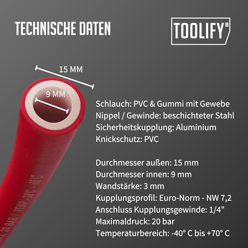 TOOLIFY® Druckluftschlauch 5 m mit Sicherheitskupplung für Kompressor | Pneumatik-Schlauch | Gummi/PVC Mischung flexibel bis -10 °C | knickfest | ölbeständig | gewebeverstärkt | max 20 bar