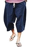 KAMUON Mens Casual Baggy Cotton Linen Pocket Lounge Harem Pants Beach Long Shorts (US 2XL = Asian Tag 5XL : Waist 40'-42', Deep Blue)