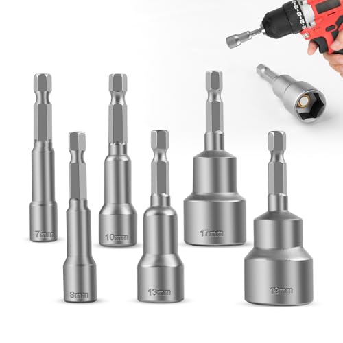 6 Stück Stecknuss Magnetisch Steckschlüsselsatz Bohrer Stecknuss 7/8/10/13/17/19 mm Hex Socket Bit Set, Chrom Vanadium Stahl Anschrauben Sechskant Steckschlüssel Nuss-Bits für Bohrer, Akkuschrauber