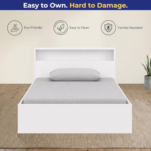 Image of DELITE KOM Single Bed with Box Storage & Headboard Shelf Storage, Urban Engineered Wood Bed, Wooden Bed Frame, 83x37 Inches, Frosty White, 1 Year Warranty, Installation Included