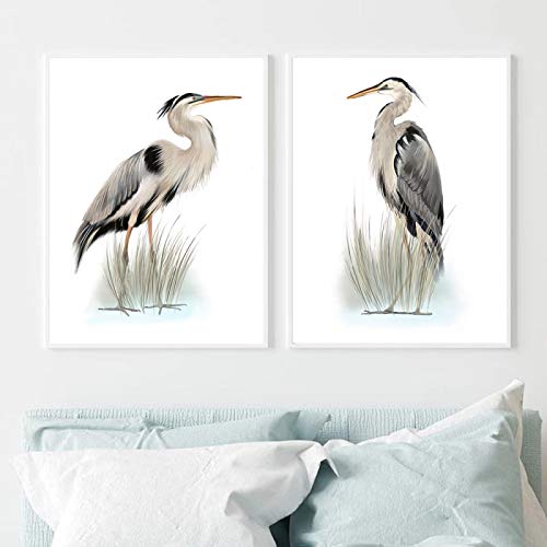 Peinture Toile Héron Gris Oiseau Vintage Décoration Salon Chic