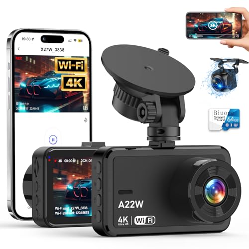 Front and Rear Dash Camera, 4K Dash Cam WiFi Car Camera with 64GB Card, 3.0' IPS Dash Camera for Cars with USB Charger, WDR, Night Vision, 170° Wide Angle, G-Sensor, Loop Recording, 24H Parking Mode