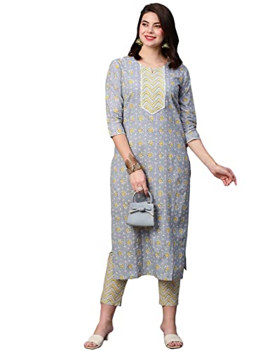 Image of GoSriKi Women's Cotton Blend Printed Straight Kurta with Pant (Mikaa Grey-Nw-GS)