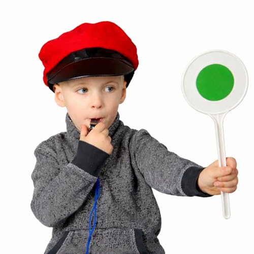 Panelize® Schaffnermütze Kinder Set mit Trillerpfeife u. Stoppschild – Lokomotivführer Kostüm Zubehör, rote Zugführer Mütze Eisenbahn für Rollenspiel, Kindergeburtstag u. Verkleidung