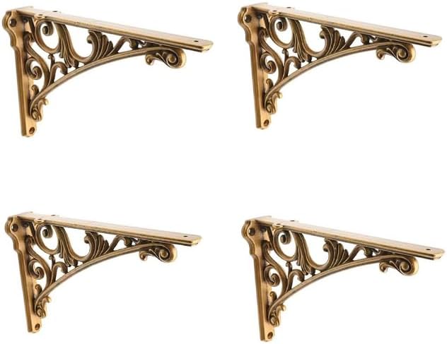 Decorative Shelf Bracket 12 inch Antique Brass Brackets for Shelving Solid Heavy Duty Vintage DIY Projects Hardware Included 4 Pack Heavy-Duty Shelf-Brackets