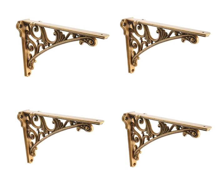 Decorative Shelf Bracket 12 inch Antique Brass Brackets for Shelving Solid Heavy Duty Vintage DIY Projects Hardware Included 4 Pack Heavy-Duty Shelf-Brackets