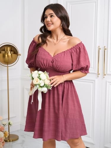Image of SCOMCHIC Womens Plus Size Summer Dresses Casual Sun Dress Sweetheart V Neck Puff Short Sleeve Smocked A Line Mini Dress