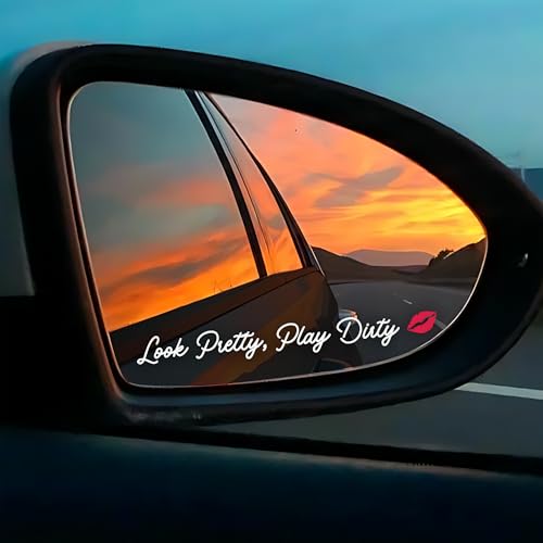 Image of Set 2Pcs Look Pretty Play D*RTY Rearview Mirror Decal Funny Sarcastic Aesthetics Hilarious Sticker Water Bottle Laptop Window Vinyl Waterproof 4 Inches Car Decals for Friend Coworker Dad Mom