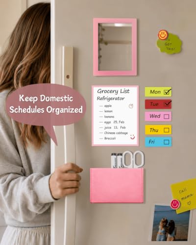 Image of Mymazn Locker Accessories Kit Magnetic Mirror for School Locker Rose Pink | 14 Pcs Includes Magnetic Mirror, Whiteboard, Pen Holder, Magnetic Labels & Locker Magnets. Fits School Lockers Office