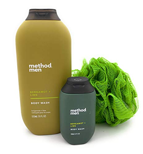 Men’s Body Wash Bundle - Method Men Body Wash Bergamot Lime 18 Ounce Accompanied with a 3.4 Ounce Travel Size Bottle | Body Benefits Loofah (3 Items)
