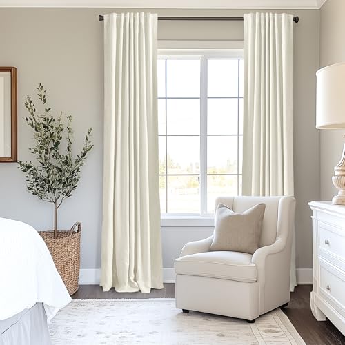 Image of INOVADAY 100% Blackout Curtains for Bedroom, Light Cream Black Out Curtains 96 Inch Long, Clip Rings Linen Blackout Drapes, Thermal Insulated Room Darkening for Living Room, 2 Panels - W50xL96