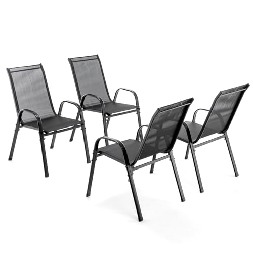 BIRCHTREE Garden Chairs Set of 4, Stackable Garden Furniture, Deck Chair, Weather-Resistant, Black Chairs for Outdoor Seating