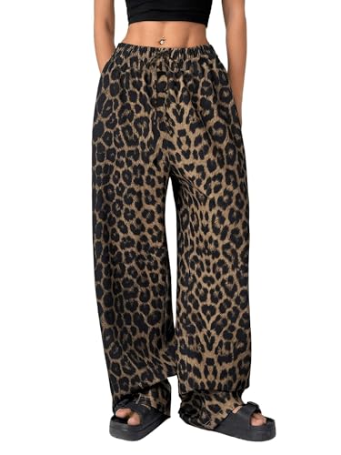 Womens Leopard Print Pants Drawstring Elastic Waist Straight Leg Lounge Pants Y2K Cheetah Pajama Trousers with Pockets