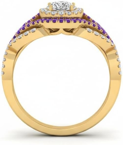 Yellow Gold Plated Intertwined Halo Round Pave CZ Diamond & Ruby Gemstone Ring Modern Engagement Wedding Birthday Gift for Women US Size 4-12