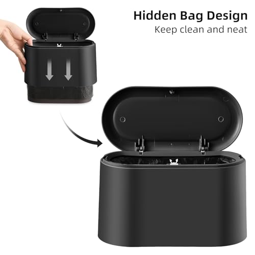 Image of SUBEKYU 0.5 Gal Mini Countertop Trash Can with Lid for Desktop, Small Garbage Can for Office, Tiny Wastebasket, Plastic,Black
