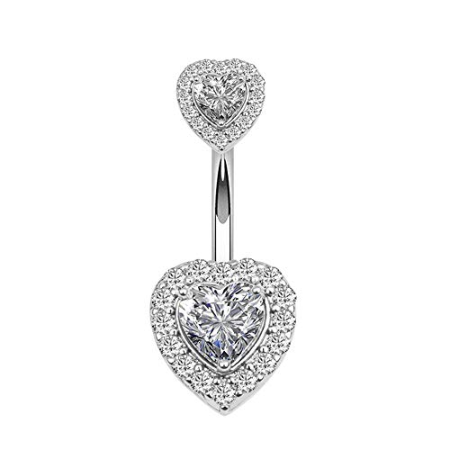 QIAOYING 14G Heart Zircon Navel Ring Stainless Steel Belly Button Rings for Women Girls Navel Barbell Body Jewelry Piercing (White)