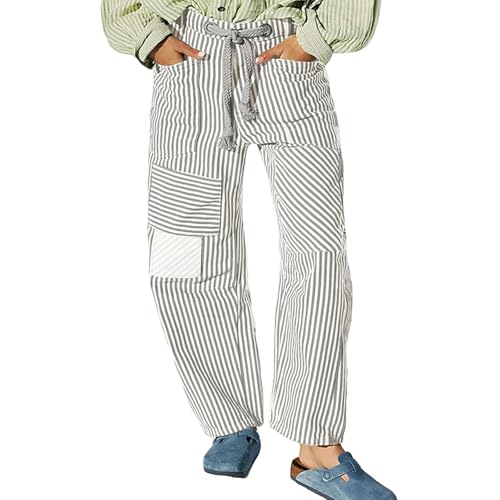 Womens Baggy Barrel Horseshoe Jeans Wide Leg Drawstring Vintage Denim Pants Striped Patchwork Tie Waist Jeans2