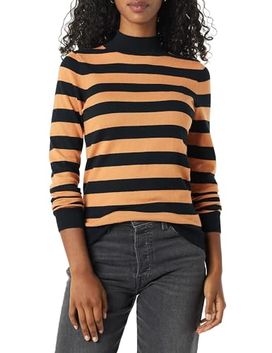 Amazon Essentials Damen Leichter Pullover mit Stehkragen (in Übergröße erhältlich), Schwarz Karamell Rugby-Streifen, XS