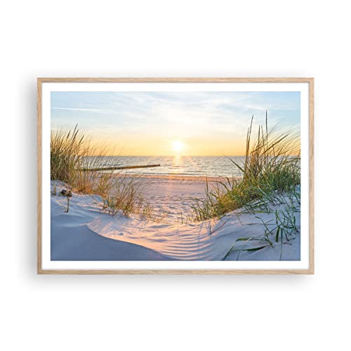 Affiche plage mer 100x70cm avec cadre chêne clair pour salon