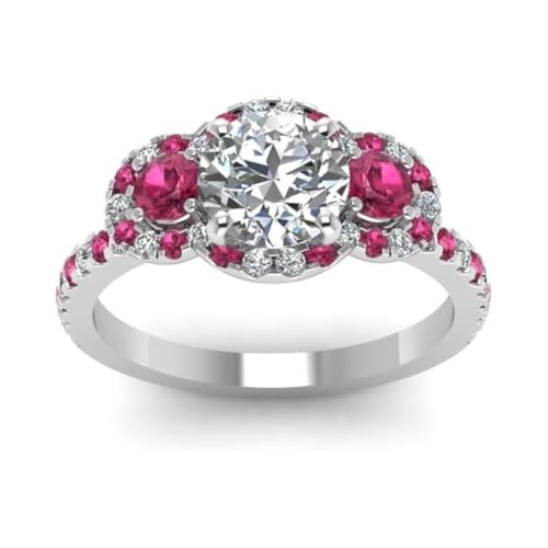 Image of 55Carat Choose Your Gemstone Delicate 3 Stone Halo Diamond CZ Ring Sterling Silver Round Shape Halo Engagement Rings Everyday Jewelry Wedding Jewelry Handmade Gifts for Wife US Size 4 to 12