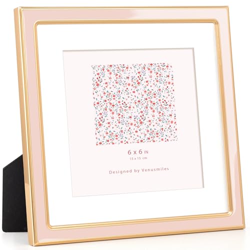 Venusmiles 6x6 Enamel Picture Frame with Mat, Gold Edge, Pink Enamel, 1pc