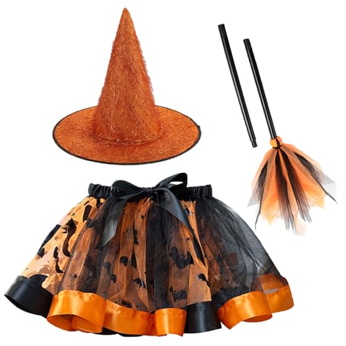 Image of Happy Cherry Toddler Girls Witch Tutu Skirt Set with Hat & Broomstick 3 Pcs Dress Up Halloween Outfits 3-8Y