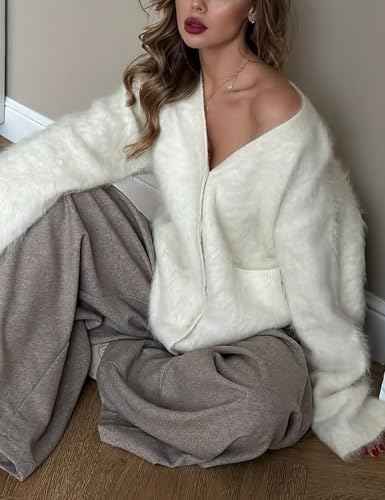 Women's Fuzzy Cardigan V Neck Long Sleeve Button Down Slouchy Furry Sweaters Chunky Knit Mohair Sweater Coat(Apricot-M) — view 4