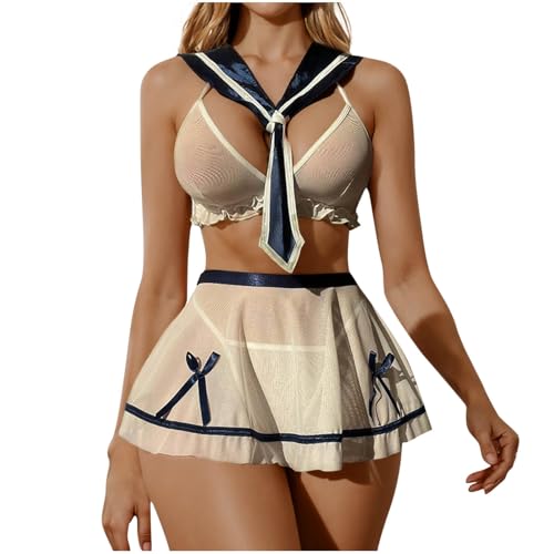 Womens 4 Piece Lingerie Set With Tie & Bra & Skirt & Thongs & Necklace 4pc Suits 2026 Fashion Valentine Dating Outfits
