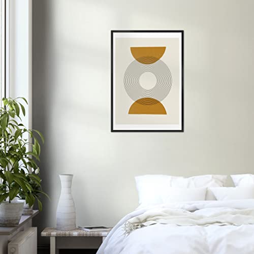 Art mural abstrait bleu sarcelle et moutarde sous cadre noir 50x70 cm